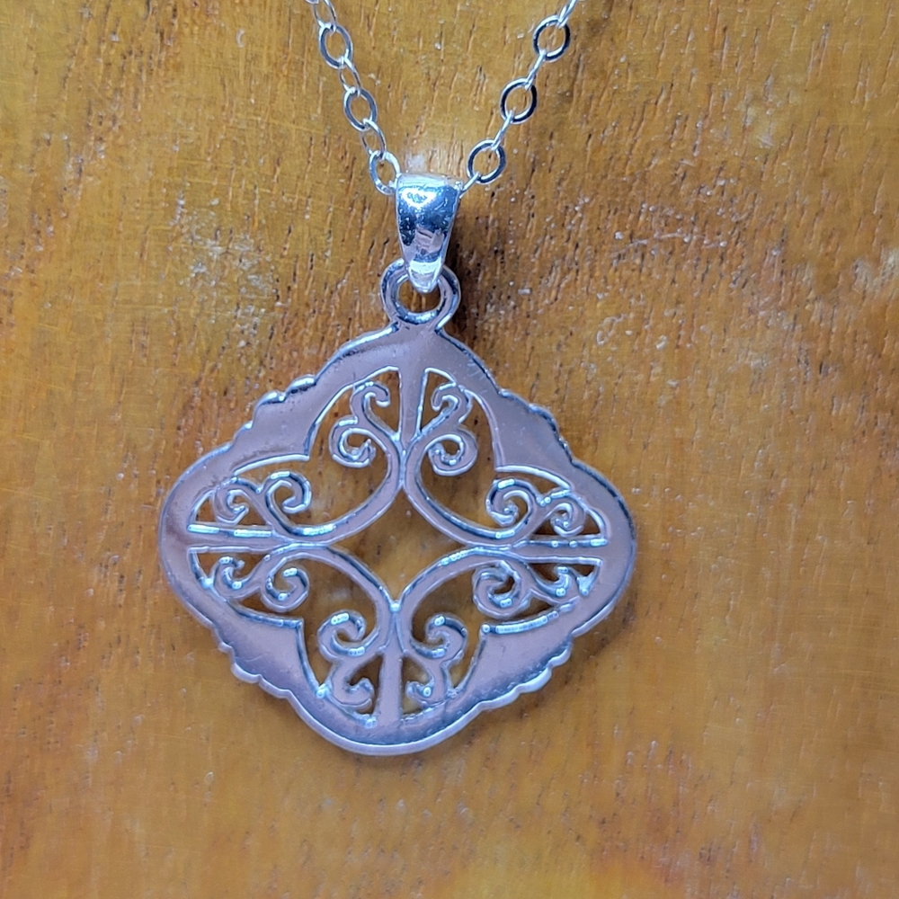 925 Sterling Silver Filagree Diamond Pendant with Delicate Sterling Silver Chain
